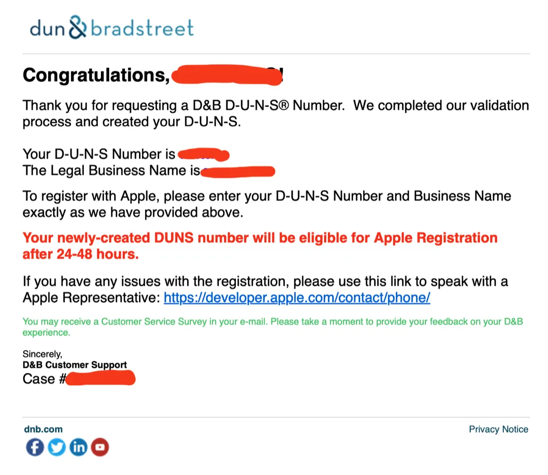 D-U-N-S 등록 완료 메일 예시