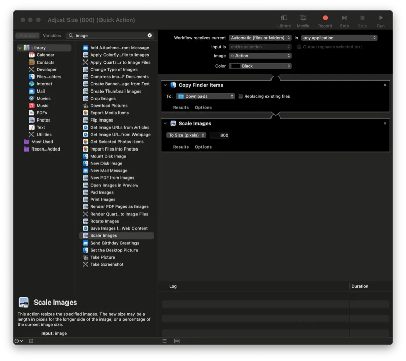 Automator Quick Action 설정 화면